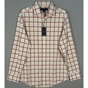 NWT Mizzen Main Shirt Mens M Rust White Plaid Button Up Trim Fit Performance LS